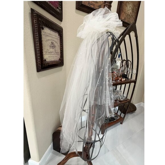 Handmade White Floral Bridal Veil With Pearl Embellishments Lace Crown & Tulle L main image 10